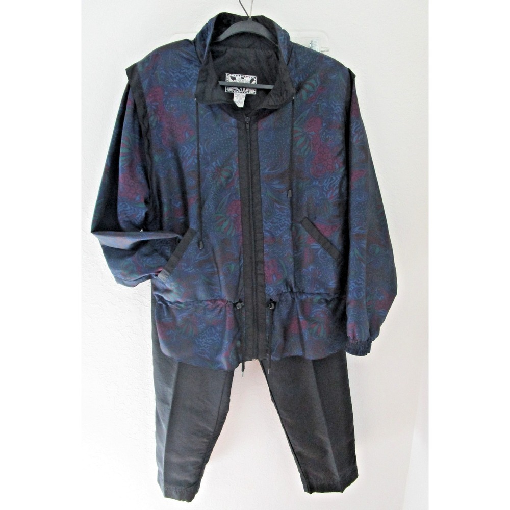 Vintage Sunterra Tracksuit Set Windbreaker Nylon Women's XL Black Blue Nylon